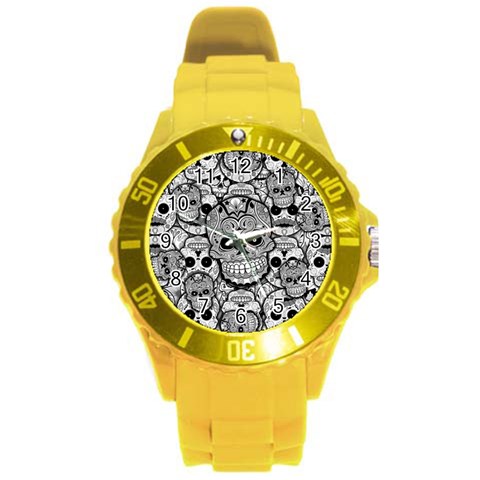 Sugar Skulls   Black And White Round Plastic Sport Watch Large from ArtsNow.com Front