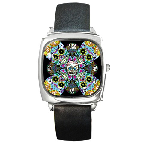 Sugar Skulls   Spiral Square Metal Watch from ArtsNow.com Front