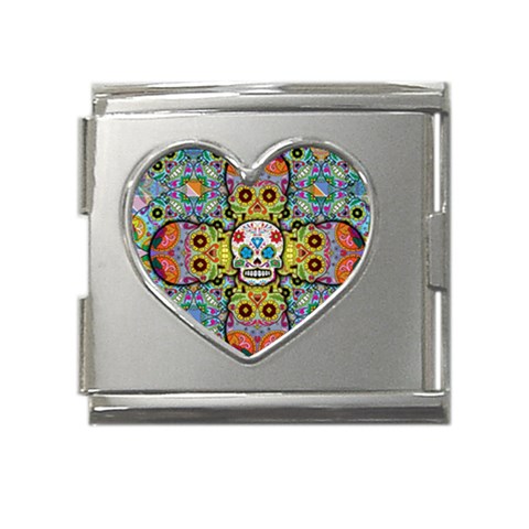 Sugar Skulls   Patterned Mega Link Heart Italian Charm (18mm) from ArtsNow.com Front