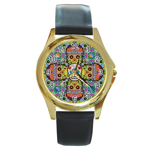 Sugar Skulls   Patterned Round Gold Metal Watch from ArtsNow.com Front