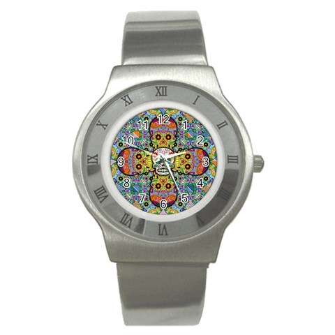 Sugar Skulls   Patterned Stainless Steel Watch from ArtsNow.com Front