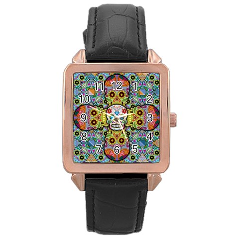 Sugar Skulls   Patterned Rose Gold Leather Watch  from ArtsNow.com Front