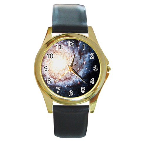 Colorful Cosmos Round Gold Metal Watch from ArtsNow.com Front