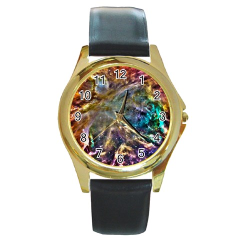 Colorful Cosmos Round Gold Metal Watch from ArtsNow.com Front