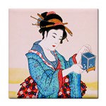 Japanese lady with lantern ceramic wall tile / Tile Coaster / Tile trivet