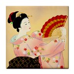 Japanese lady with fan ceramic wall tile / Tile Coaster / Tile trivet