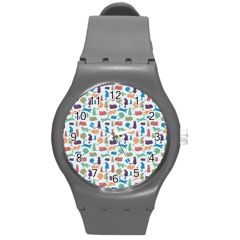 Blue Colorful Cats Silhouettes Pattern Round Plastic Sport Watch (M) from ArtsNow.com Front