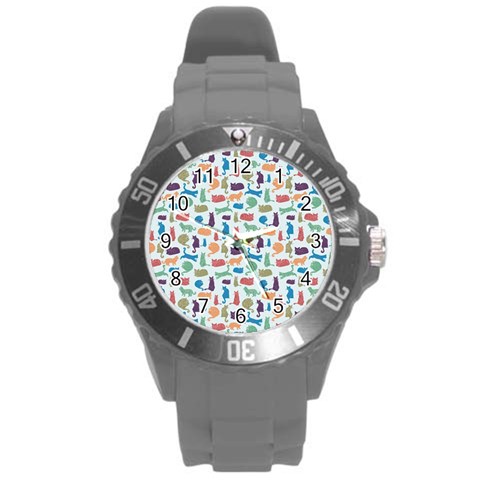 Blue Colorful Cats Silhouettes Pattern Round Plastic Sport Watch (L) from ArtsNow.com Front