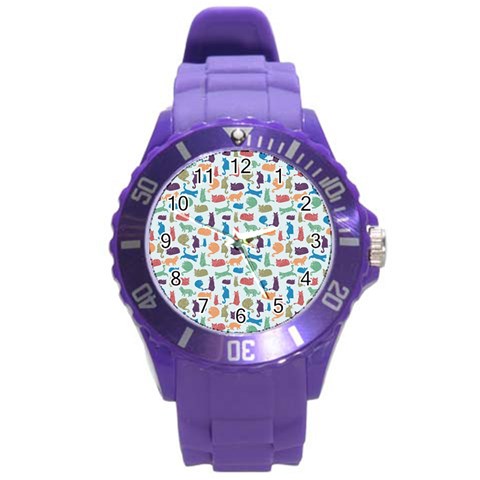 Blue Colorful Cats Silhouettes Pattern Round Plastic Sport Watch (L) from ArtsNow.com Front