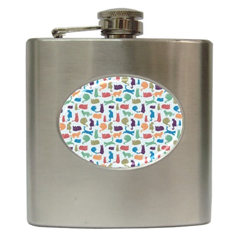 Blue Colorful Cats Silhouettes Pattern Hip Flask (6 oz) from ArtsNow.com Front