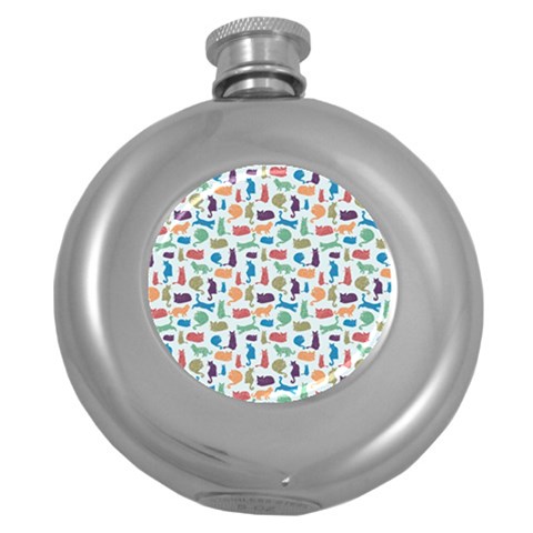 Blue Colorful Cats Silhouettes Pattern Round Hip Flask (5 oz) from ArtsNow.com Front