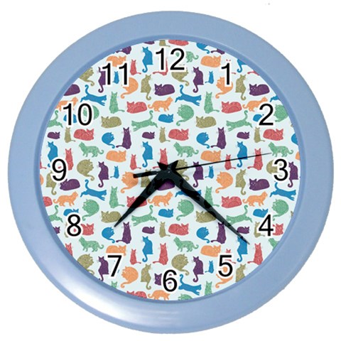 Blue Colorful Cats Silhouettes Pattern Color Wall Clocks from ArtsNow.com Front