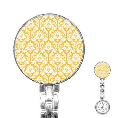 White On Sunny Yellow Damask Stainless Steel Nurses Watch from ArtsNow.com Front