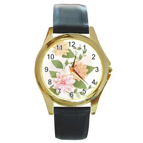 flower035 Round Gold Metal Watch from ArtsNow.com Front