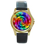 Psychedelic Rainbow Spiral Round Gold Metal Watch