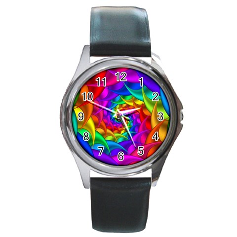 Psychedelic Rainbow Spiral Round Metal Watch from ArtsNow.com Front