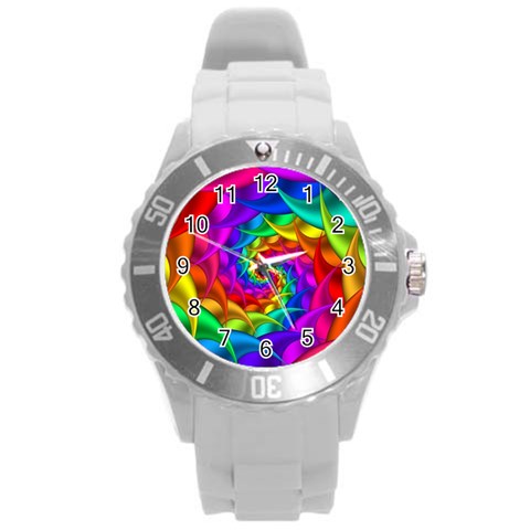 Psychedelic Rainbow Spiral Round Plastic Sport Watch (L) from ArtsNow.com Front