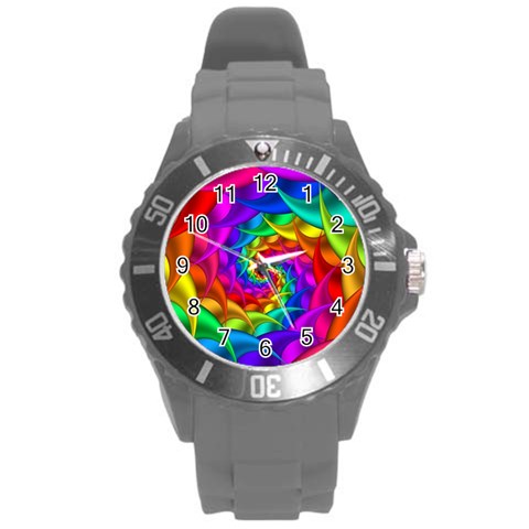 Psychedelic Rainbow Spiral Round Plastic Sport Watch (L) from ArtsNow.com Front