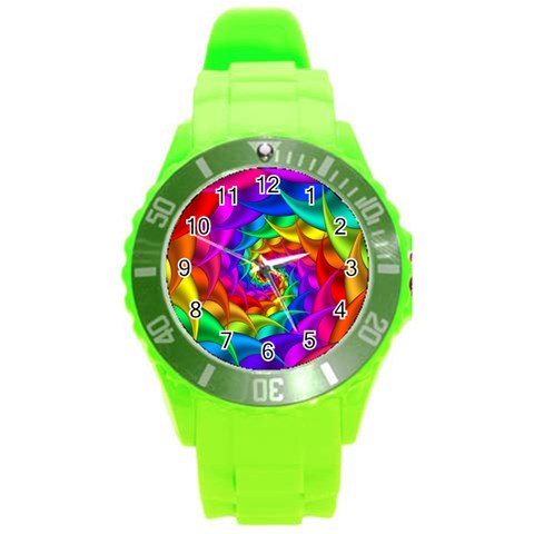 Psychedelic Rainbow Spiral Round Plastic Sport Watch (L) from ArtsNow.com Front