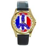 Peace sign paris france Round Gold Metal Watch