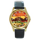 hipster Burger Round Gold Metal Watch