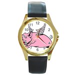 Flying Pig Round Gold Metal Watch