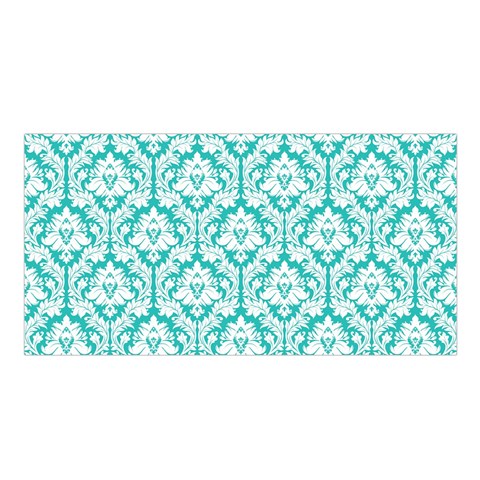 White On Turquoise Damask Satin Shawl from ArtsNow.com Front