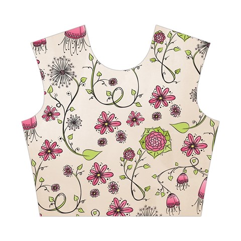 Pink Whimsical flowers on beige Cotton Crop Top from ArtsNow.com Front