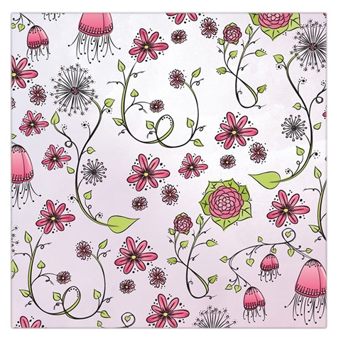 Pink whimsical flowers on pink Large Satin Scarf (Square) from ArtsNow.com Front