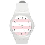 Horizontal Stripes - White and Pale Pink Round Plastic Sport Watch (M)