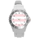 Horizontal Stripes - White and Pale Pink Round Plastic Sport Watch (L)