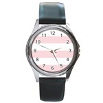 Horizontal Stripes - White and Pale Pink Round Metal Watch