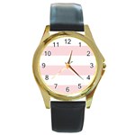 Horizontal Stripes - White and Pale Pink Round Gold Metal Watch