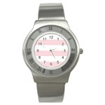 Horizontal Stripes - White and Pale Pink Stainless Steel Watch