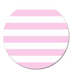 Horizontal Stripes - White and Classic Rose Pink Magnet 5  (Round)