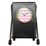 Horizontal Stripes - White and Cherry Blossom Pink Pen Holder Desk Clock