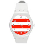 Horizontal Stripes - White and Ferrari Red Round Plastic Sport Watch (M)