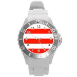 Horizontal Stripes - White and Ferrari Red Round Plastic Sport Watch (L)