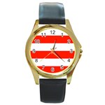 Horizontal Stripes - White and Ferrari Red Round Gold Metal Watch