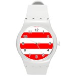 Horizontal Stripes - White and Red Round Plastic Sport Watch (M)