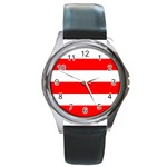 Horizontal Stripes - White and Red Round Metal Watch