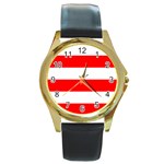 Horizontal Stripes - White and Red Round Gold Metal Watch