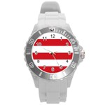 Horizontal Stripes - White and Fire Engine Red Round Plastic Sport Watch (L)