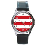 Horizontal Stripes - White and Fire Engine Red Round Metal Watch