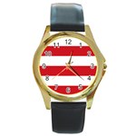 Horizontal Stripes - White and Fire Engine Red Round Gold Metal Watch