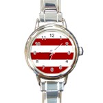 Horizontal Stripes - White and Dark Candy Apple Red Round Italian Charm Watch