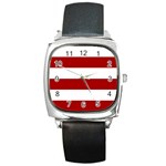 Horizontal Stripes - White and Dark Candy Apple Red Square Metal Watch