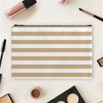 Horizontal Stripes - White and Tan Brown Cosmetic Bag (L)