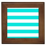 Horizontal Stripes - White and Bright Turquoise Framed Tile