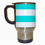 Horizontal Stripes - White and Bright Turquoise Travel Mug (White)